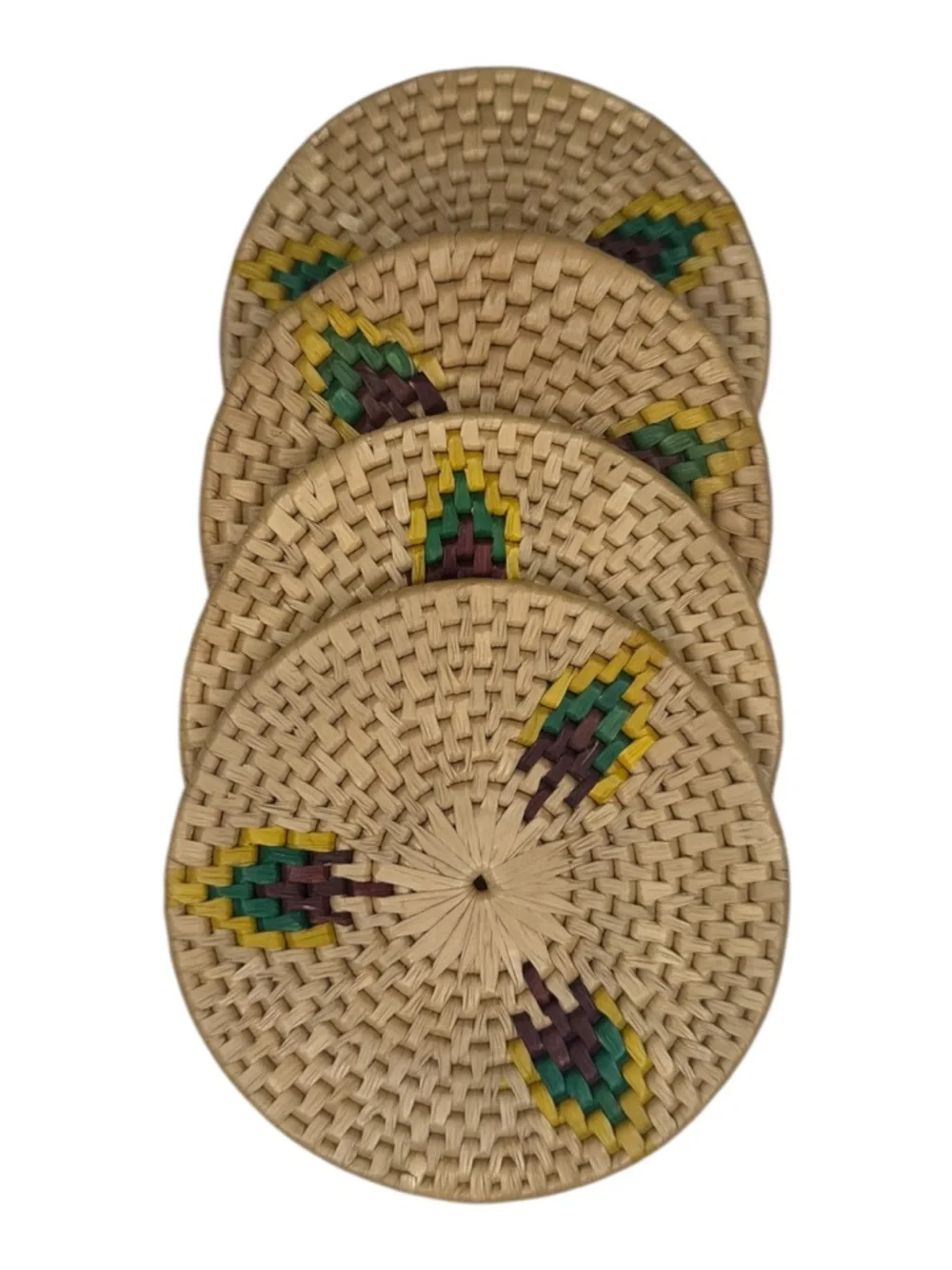 Woven Rattan Coasters Set of 4 with Green & Yellow Accents